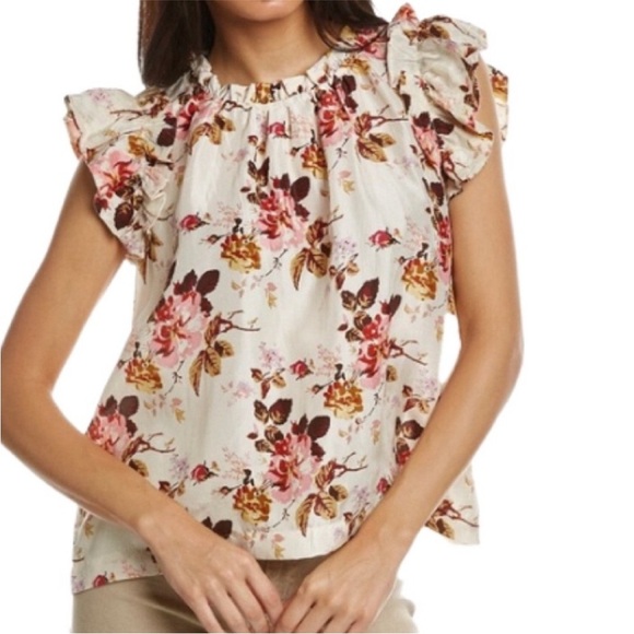 Sea New York Esme Cream Floral Print Flutter Sleeve Silk Top - Picture 1 of 6